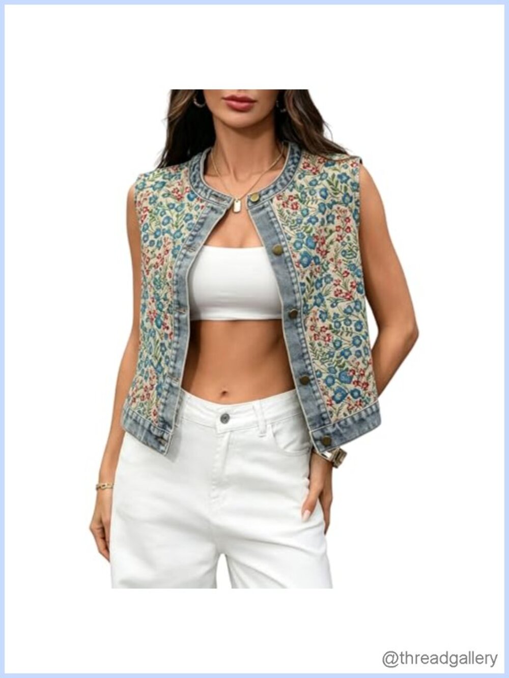Sleeveless Denim Vest Button Down Embroidered Floral Jean Jacket Waistcoat